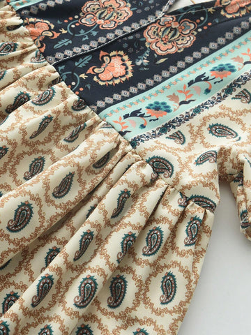 Young Girl Bohemian Style Short Sleeve Dress With Paisley Flower Print + Bag, Summer Collection