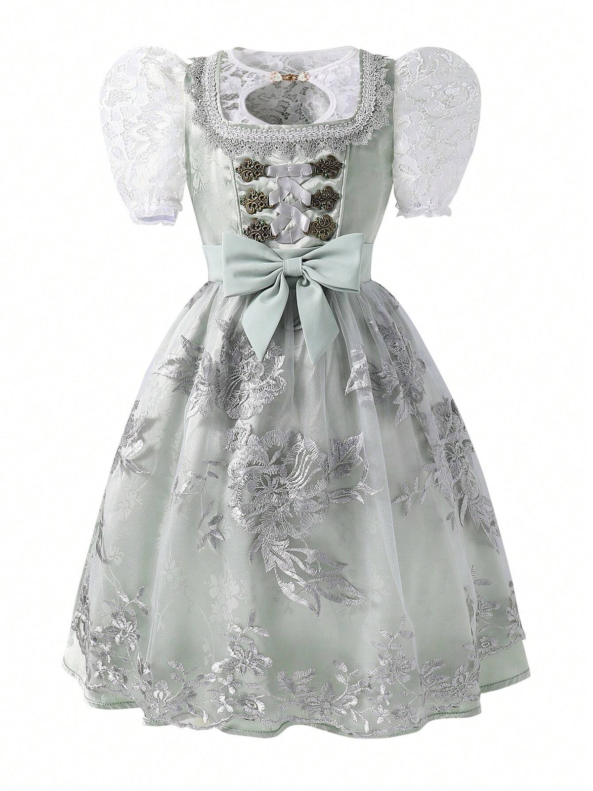Young Girl Bow Decor Lace Ruffle Floral Embroidered Mesh Elegant Dress