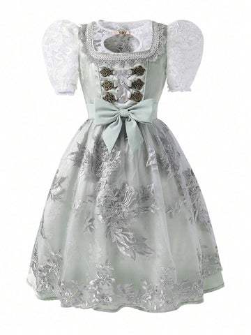 Young Girl Bow Decor Lace Ruffle Floral Embroidered Mesh Elegant Dress