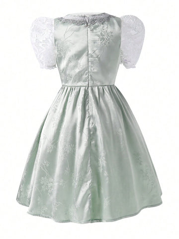 Young Girl Bow Decor Lace Ruffle Floral Embroidered Mesh Elegant Dress