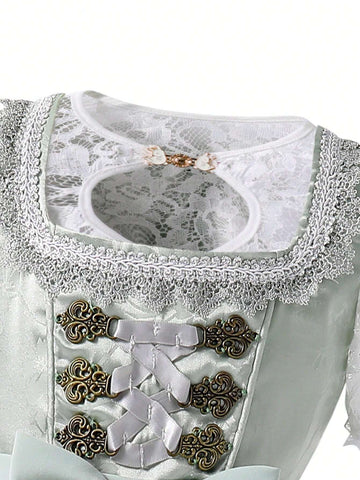 Young Girl Bow Decor Lace Ruffle Floral Embroidered Mesh Elegant Dress