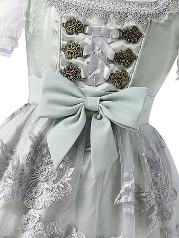 Young Girl Bow Decor Lace Ruffle Floral Embroidered Mesh Elegant Dress