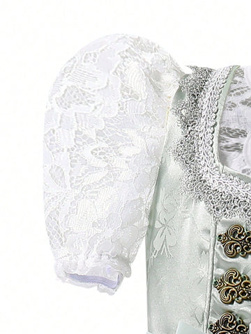 Young Girl Bow Decor Lace Ruffle Floral Embroidered Mesh Elegant Dress