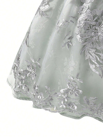 Young Girl Bow Decor Lace Ruffle Floral Embroidered Mesh Elegant Dress