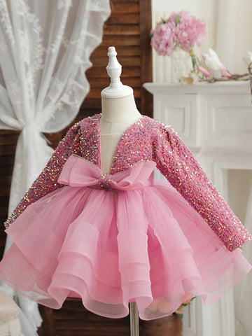 Young Girl Bow Decor Sequin Mesh Hem Luxurious Party Dress