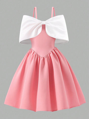 Young Girl Bow Shoulder Ruffle Fashion Party Dress