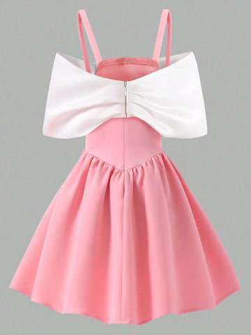 Young Girl Bow Shoulder Ruffle Fashion Party Dress