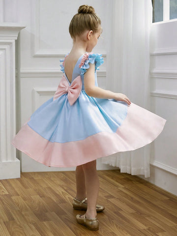 Young Girl Bowknot Color Block Princess Dress, Summer, Suitable For Birthday Party, Dance Party, Important Festivals, Daily Wear And Travel