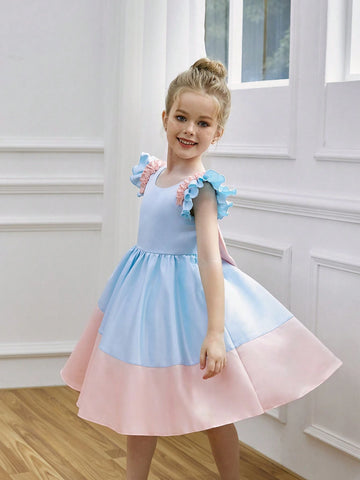 Young Girl Bowknot Color Block Princess Dress, Summer, Suitable For Birthday Party, Dance Party, Important Festivals, Daily Wear And Travel