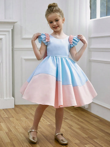 Young Girl Bowknot Color Block Princess Dress, Summer, Suitable For Birthday Party, Dance Party, Important Festivals, Daily Wear And Travel