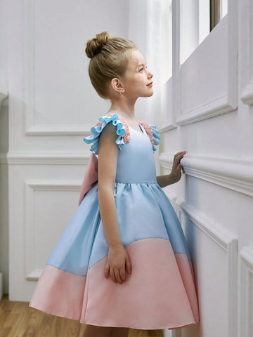 Young Girl Bowknot Color Block Princess Dress, Summer, Suitable For Birthday Party, Dance Party, Important Festivals, Daily Wear And Travel