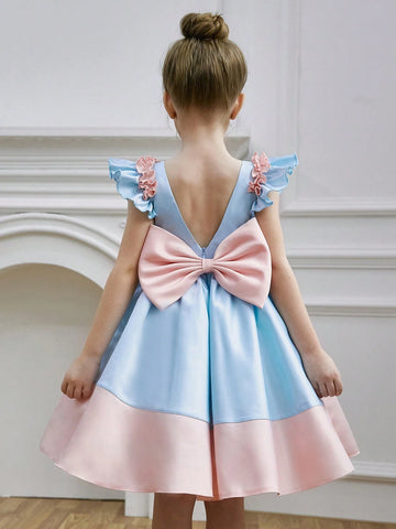 Young Girl Bowknot Color Block Princess Dress, Summer, Suitable For Birthday Party, Dance Party, Important Festivals, Daily Wear And Travel