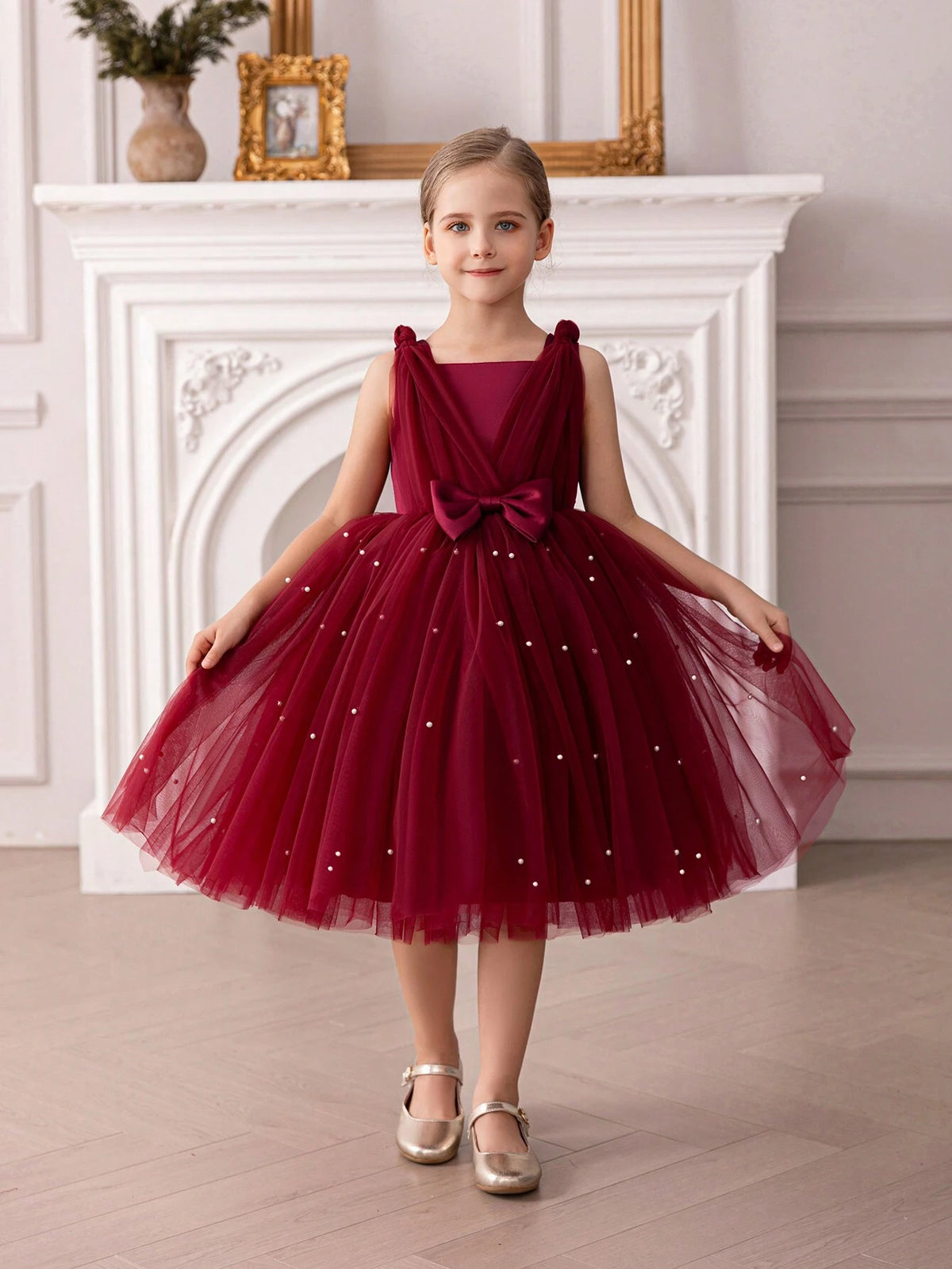 Young Girl Bowknot Tulle Princess Dress, Suitable For Birthday Party, Wedding Ceremony, Formal Occasions