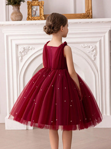 Young Girl Bowknot Tulle Princess Dress, Suitable For Birthday Party, Wedding Ceremony, Formal Occasions