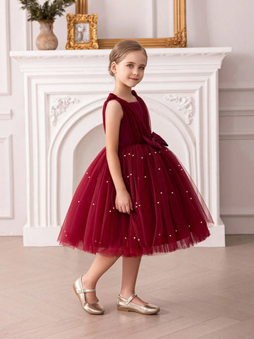 Young Girl Bowknot Tulle Princess Dress, Suitable For Birthday Party, Wedding Ceremony, Formal Occasions