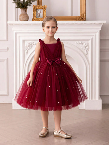 Young Girl Bowknot Tulle Princess Dress, Suitable For Birthday Party, Wedding Ceremony, Formal Occasions