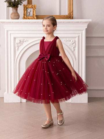 Young Girl Bowknot Tulle Princess Dress, Suitable For Birthday Party, Wedding Ceremony, Formal Occasions