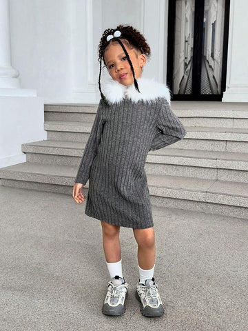 Young Girl Brand Trendy Street Style Faux Fur Collar Knitted Hoodie Bodycon Dress