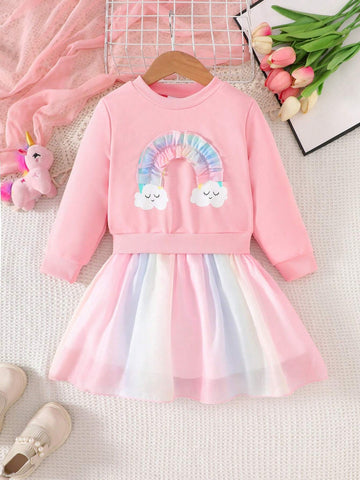 Young Girl Brunch Women Outfit Casual Fashion Pink Dress With Rainbow Mesh Panel & Ribbed Crew Neck Long Sleeve Shirt, Colorful Hem, Autumn Dress