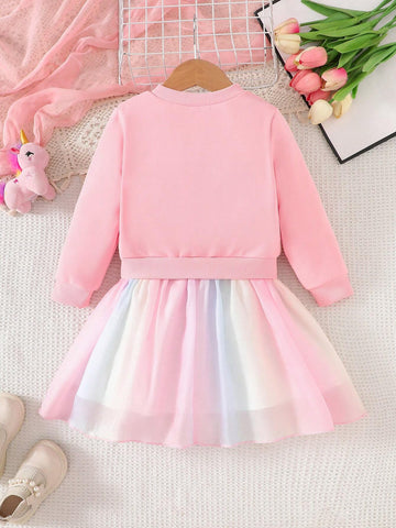 Young Girl Brunch Women Outfit Casual Fashion Pink Dress With Rainbow Mesh Panel & Ribbed Crew Neck Long Sleeve Shirt, Colorful Hem, Autumn Dress