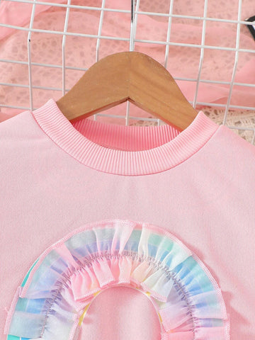 Young Girl Brunch Women Outfit Casual Fashion Pink Dress With Rainbow Mesh Panel & Ribbed Crew Neck Long Sleeve Shirt, Colorful Hem, Autumn Dress