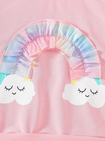 Young Girl Brunch Women Outfit Casual Fashion Pink Dress With Rainbow Mesh Panel & Ribbed Crew Neck Long Sleeve Shirt, Colorful Hem, Autumn Dress