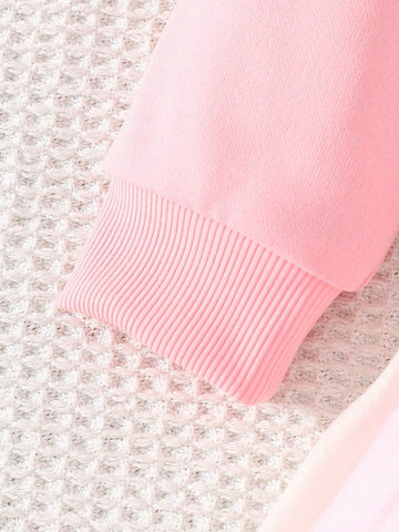 Young Girl Brunch Women Outfit Casual Fashion Pink Dress With Rainbow Mesh Panel & Ribbed Crew Neck Long Sleeve Shirt, Colorful Hem, Autumn Dress