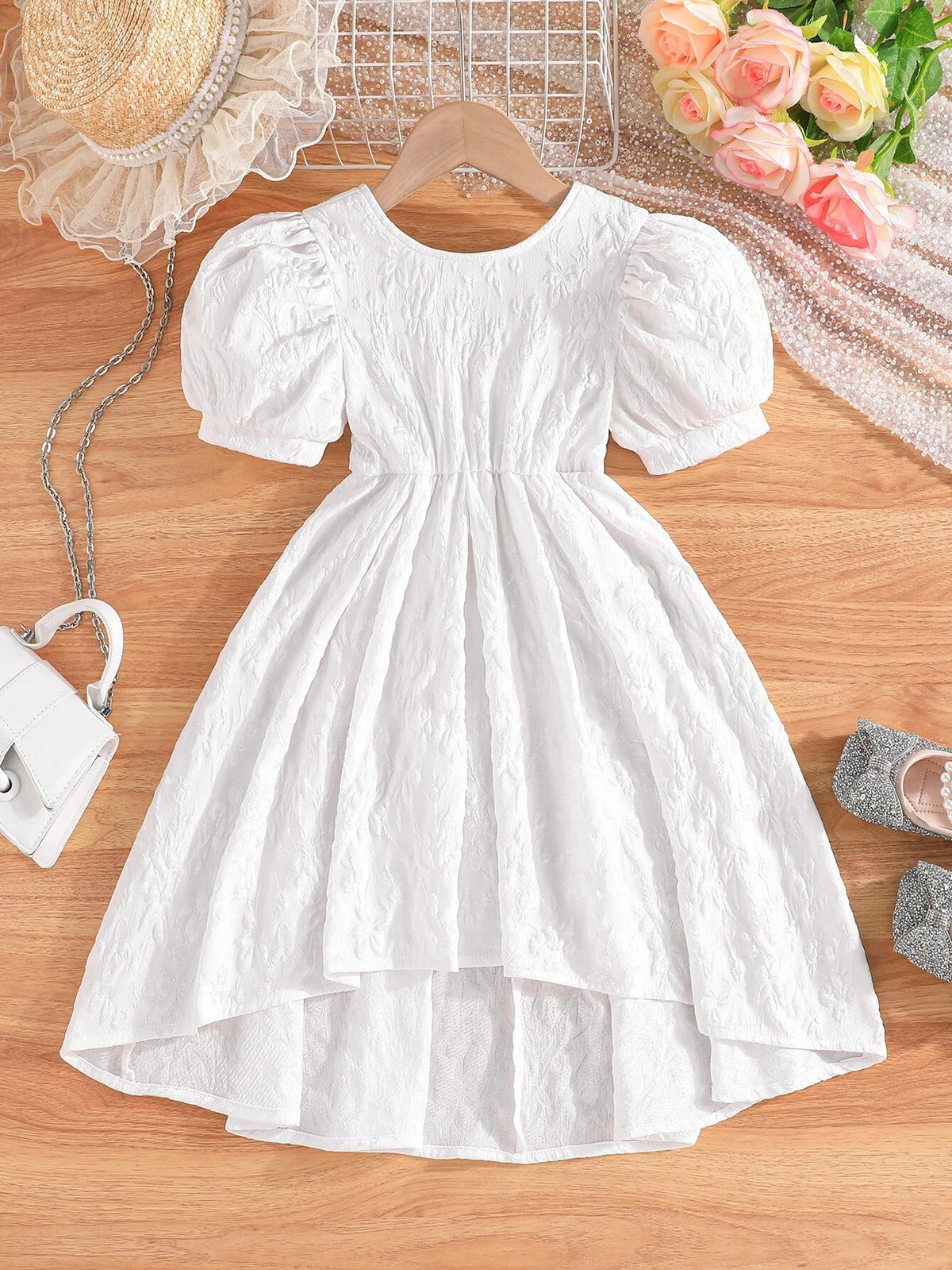 Young Girl Bubble Short Sleeve Jacquard Round Neck Dress With Front Short Back Long Hem And Bowknot Decoration For Summer