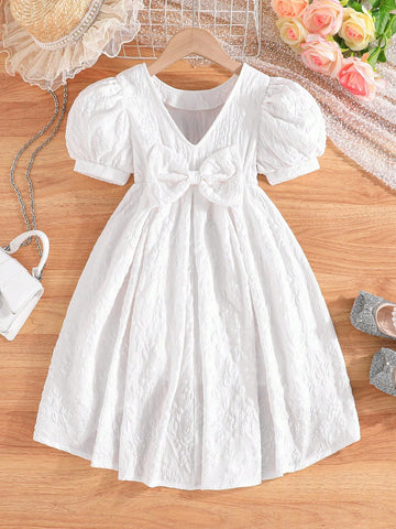 Young Girl Bubble Short Sleeve Jacquard Round Neck Dress With Front Short Back Long Hem And Bowknot Decoration For Summer