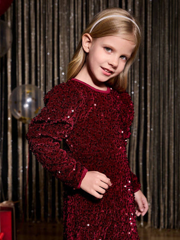Young Girl Burgundy Sparkly Princess Dress