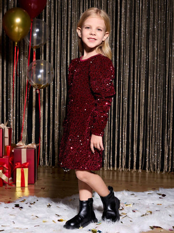 Young Girl Burgundy Sparkly Princess Dress