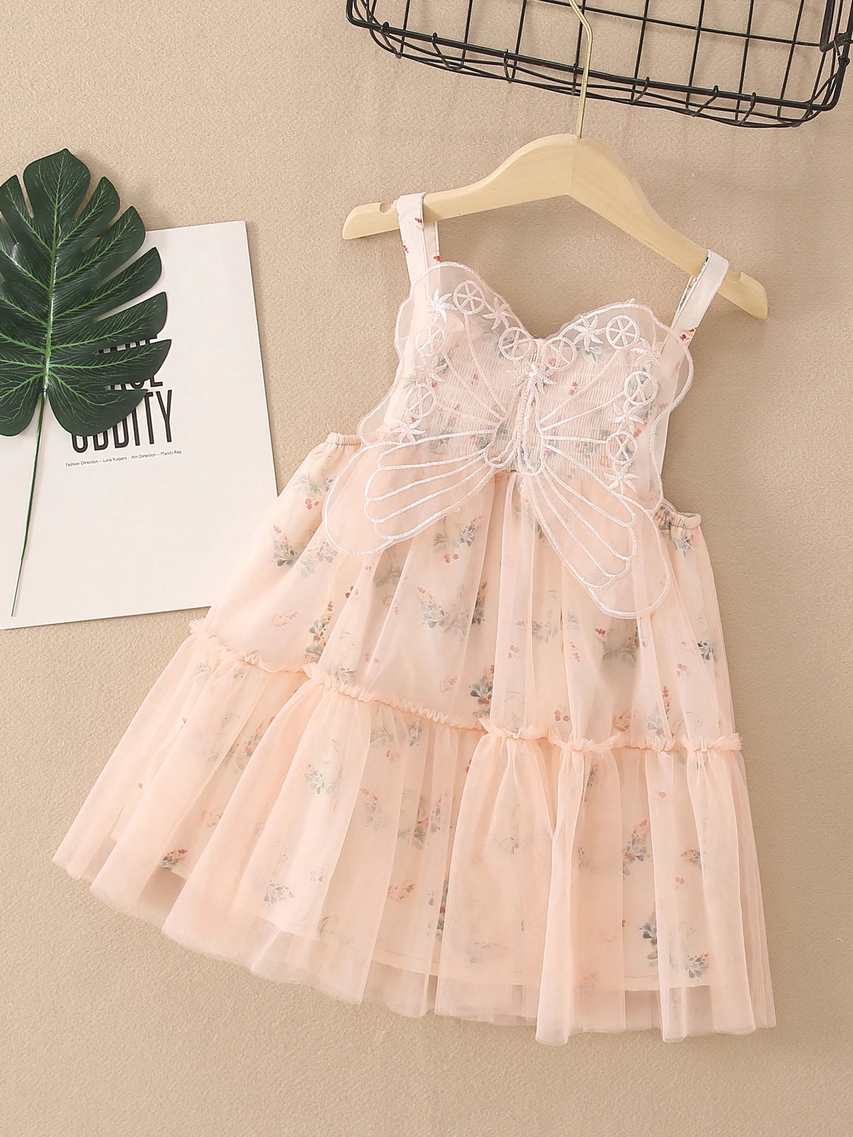Young Girl Butterfly Decor Flower Printed Net Yarn Splice Strap Dress Summer Single Piece