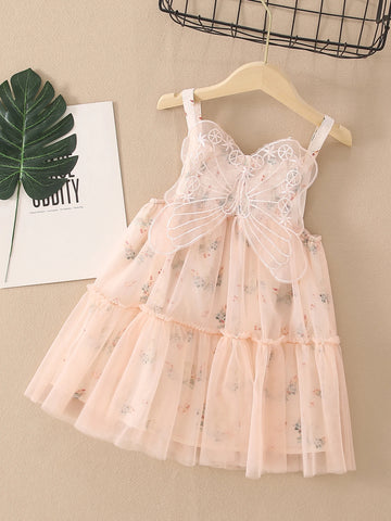 Young Girl Butterfly Decor Flower Printed Net Yarn Splice Strap Dress Summer Single Piece
