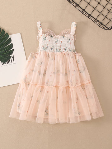 Young Girl Butterfly Decor Flower Printed Net Yarn Splice Strap Dress Summer Single Piece