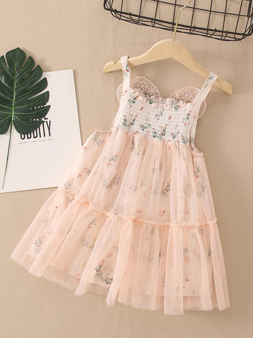 Young Girl Butterfly Decor Flower Printed Net Yarn Splice Strap Dress Summer Single Piece