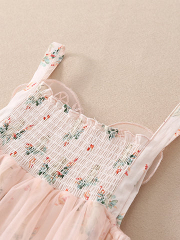 Young Girl Butterfly Decor Flower Printed Net Yarn Splice Strap Dress Summer Single Piece