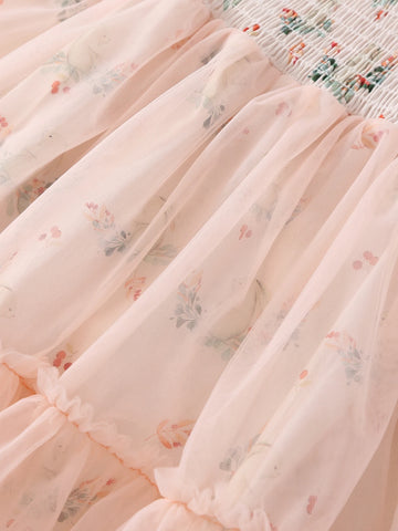 Young Girl Butterfly Decor Flower Printed Net Yarn Splice Strap Dress Summer Single Piece