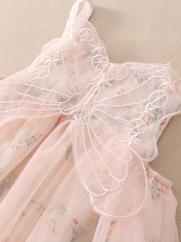 Young Girl Butterfly Decor Flower Printed Net Yarn Splice Strap Dress Summer Single Piece