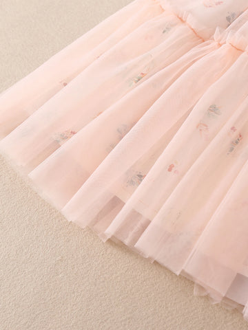 Young Girl Butterfly Decor Flower Printed Net Yarn Splice Strap Dress Summer Single Piece