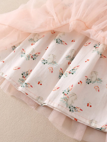 Young Girl Butterfly Decor Flower Printed Net Yarn Splice Strap Dress Summer Single Piece