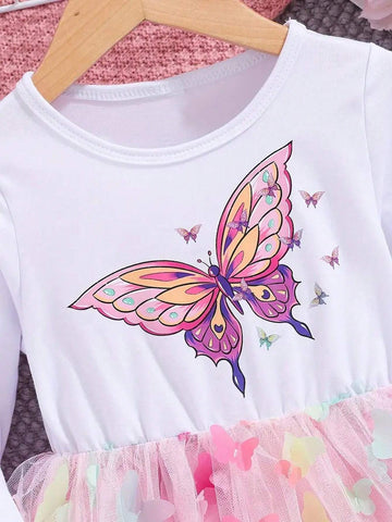 Young Girl Butterfly Pattern Long-Sleeve Mesh Tutu Dress, Spring & Fall Vacation Party Casual A-Line Dress, Gift