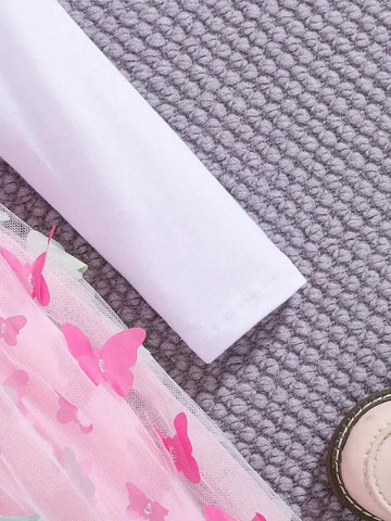 Young Girl Butterfly Pattern Long-Sleeve Mesh Tutu Dress, Spring & Fall Vacation Party Casual A-Line Dress, Gift