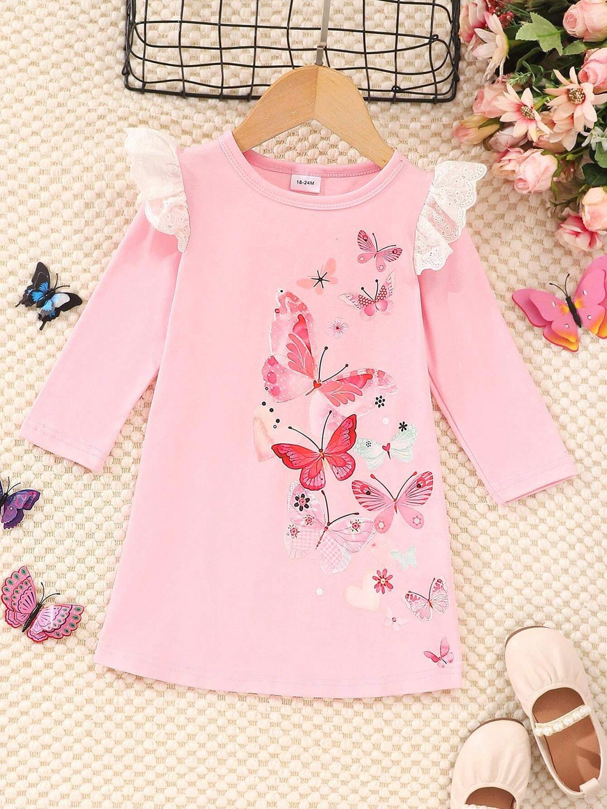 Young Girl Butterfly Print Crew Neck Lace Trim Long Sleeve Dress