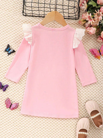 Young Girl Butterfly Print Crew Neck Lace Trim Long Sleeve Dress