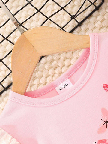 Young Girl Butterfly Print Crew Neck Lace Trim Long Sleeve Dress