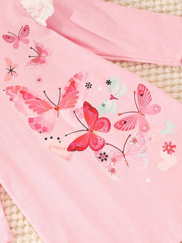 Young Girl Butterfly Print Crew Neck Lace Trim Long Sleeve Dress