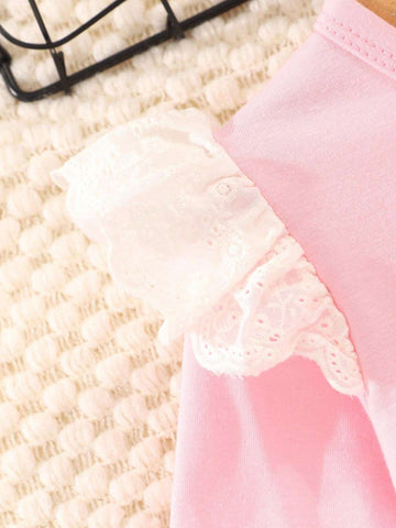 Young Girl Butterfly Print Crew Neck Lace Trim Long Sleeve Dress