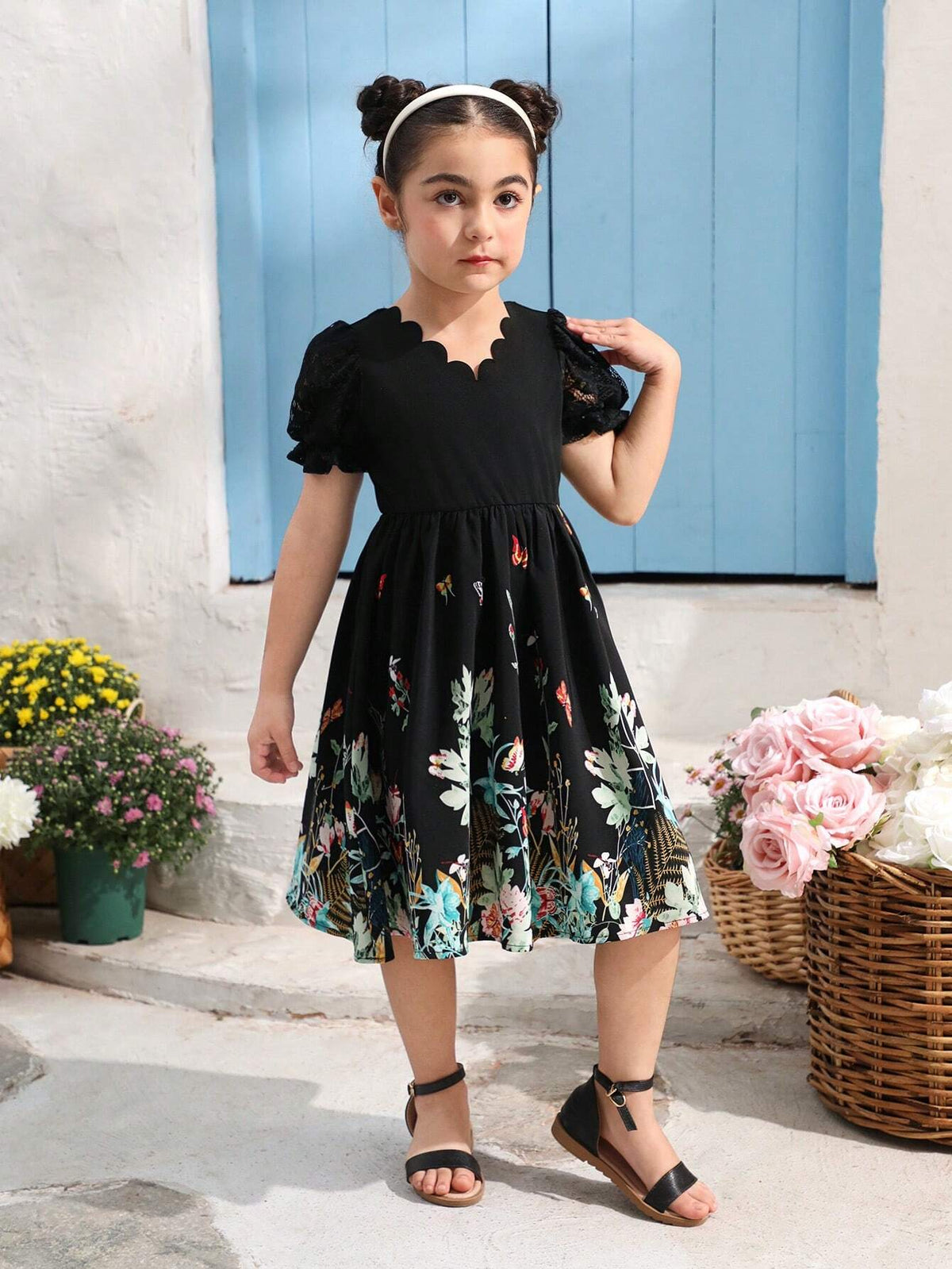 Young Girl Butterfly Printed Splicing Lace Short Sleeve Dress