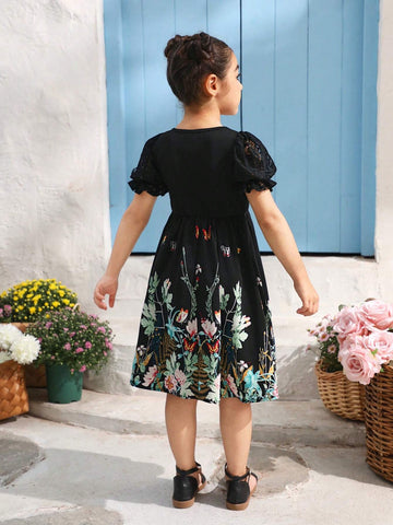 Young Girl Butterfly Printed Splicing Lace Short Sleeve Dress