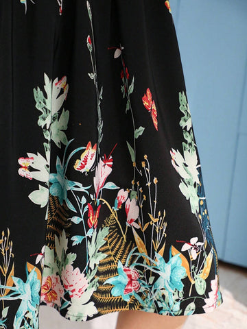 Young Girl Butterfly Printed Splicing Lace Short Sleeve Dress